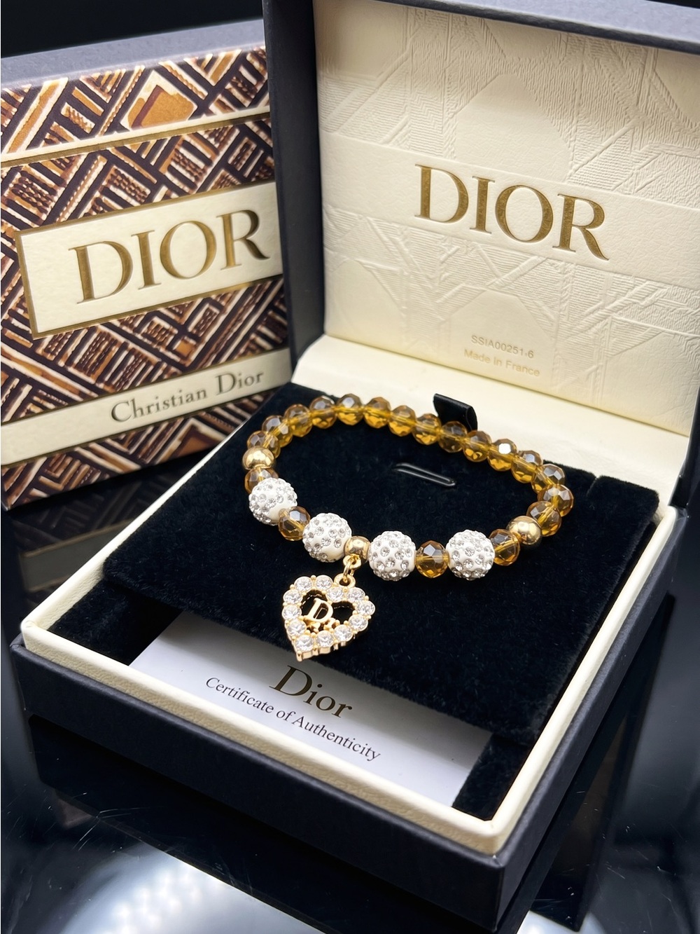 Fashion Jewelry Gold-Tone Amber Crystal Bead Bracelet with Pave Heart Charm